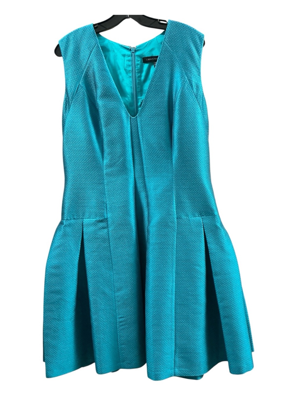 Carmen Marc Valvo Teal Textured Silk Blend V-Neck Pleated Midi Cocktail Dress